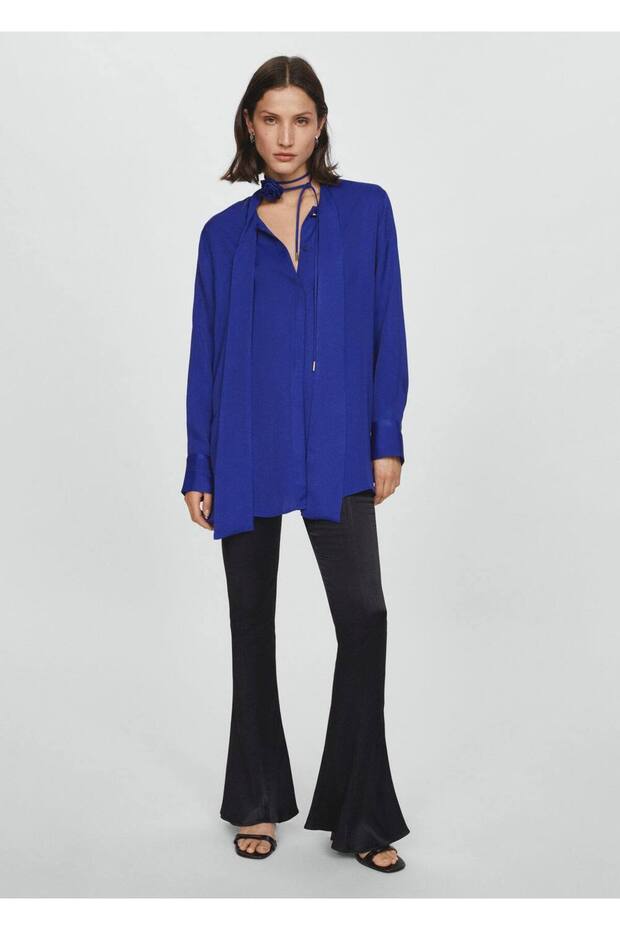 Saten çiçekli chocker bluz - 2