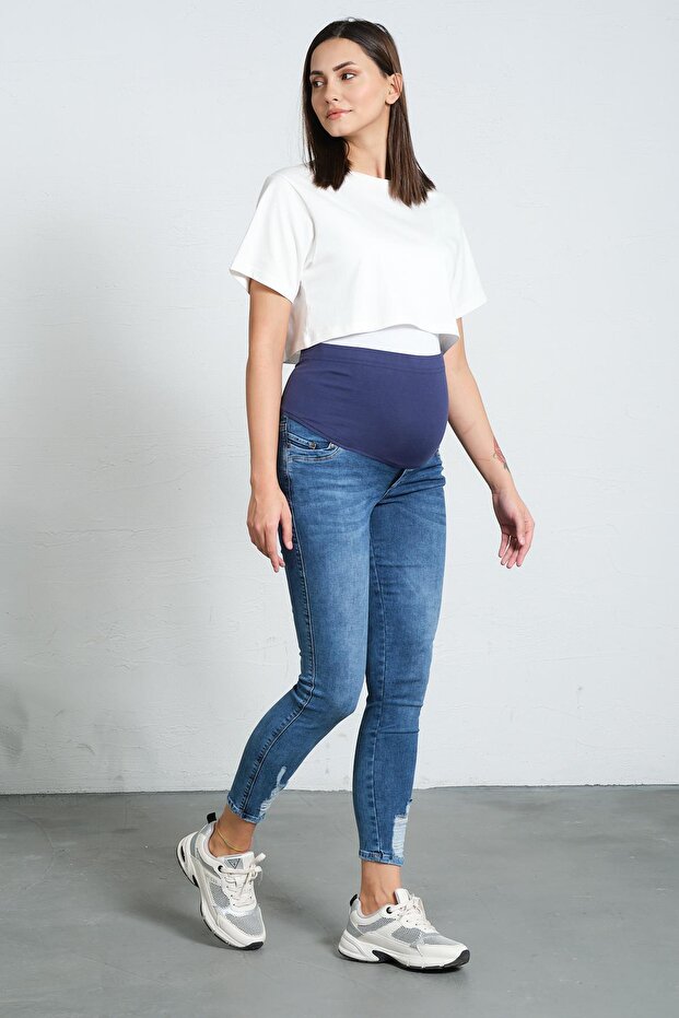 Traperice za trudnice, uski model, poderane, PLAVE - 3