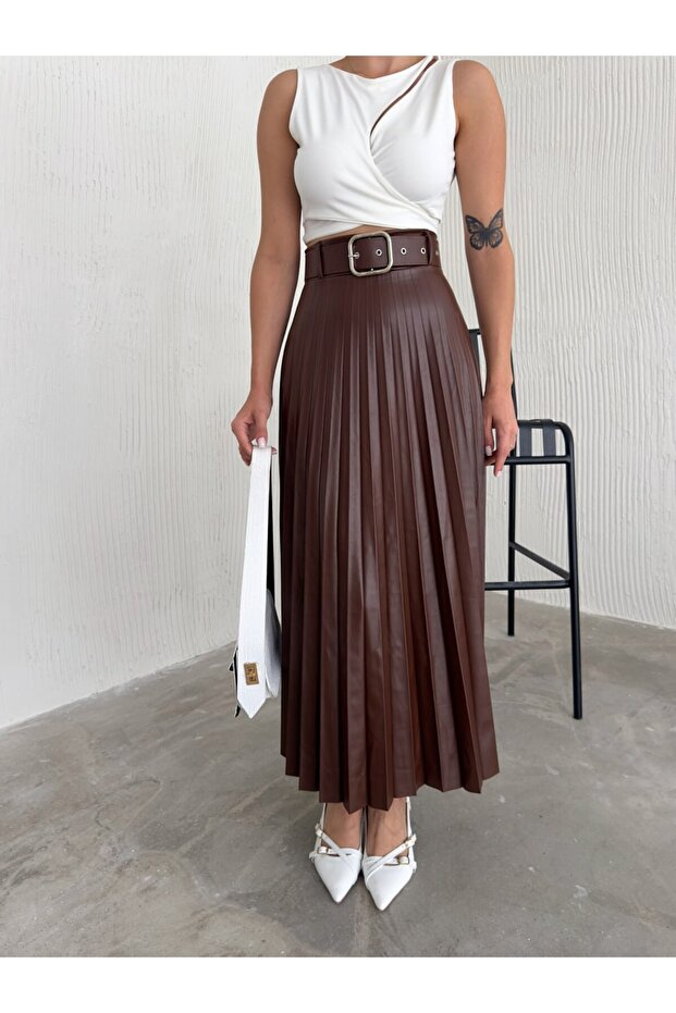 Kemerli Pliseli Deri Etek - 5