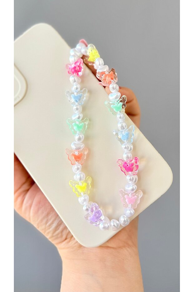 Mi̇raztesarim Transparent Butterfly and Pearl Beaded Phone Charm Phone Hanger