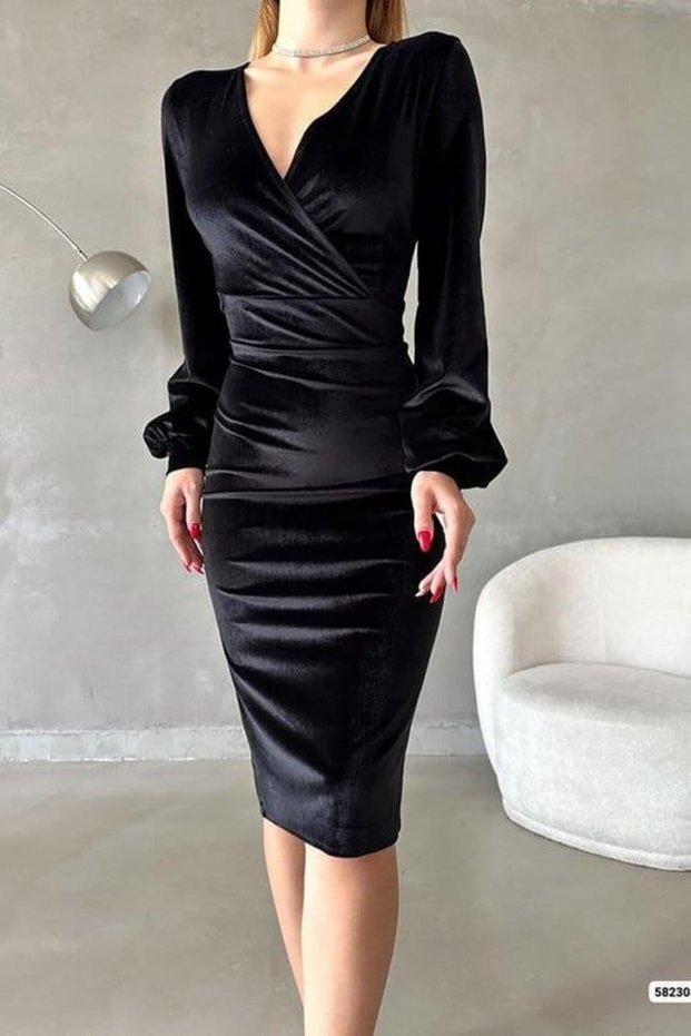 Women's Velvet Fabric Double Breasted Neck Balloon Sleeve and Slit Detail Midi Length Dress