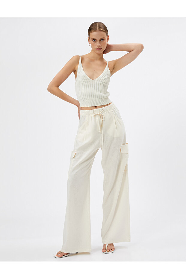 Cargo Pants Linen Blended Pocket Detailed Lace-up Waist