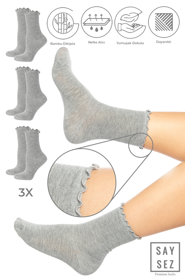 Bamboo Women's Elasticless Gray Ruffled Seamless Socks 3-Pack / Non-Marking / Non-Tightening Socks