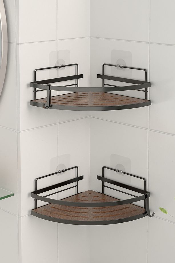 Şampuanlık Banyo Düzenleyici Şampuanlık Yapışkanlı Kancalı 2 Adet Banyo Köşe Rafı Mat Siyah St273h - 3