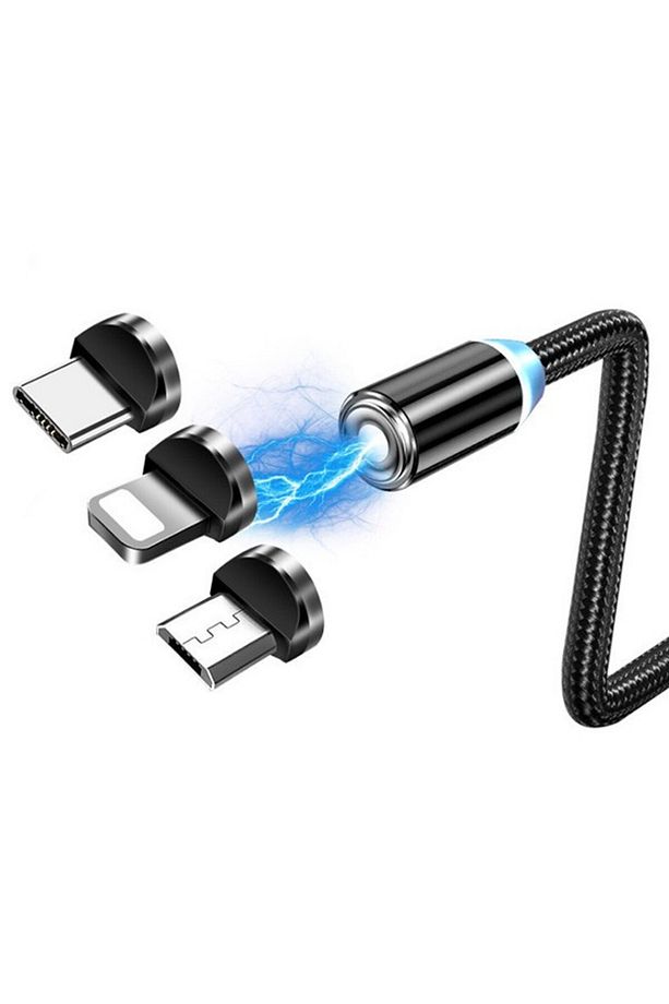 1M Magnetic-Miknatisli Usb Sarj Kablosu 3 Baslik(iPhone+Type-C+Micro SIYAH - 1