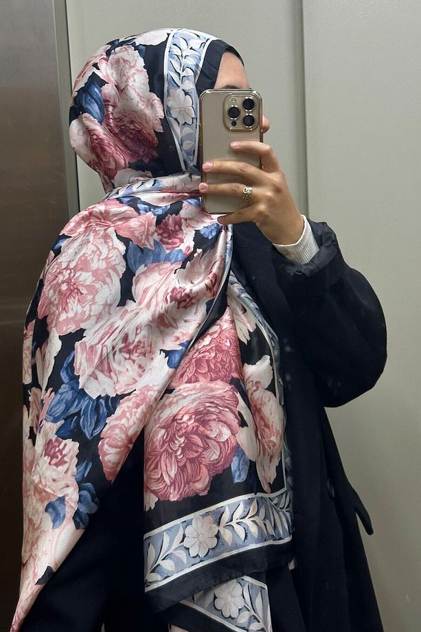 İthal Ipek Vual Şal Ipek Şal, Çiçek Desenli Ipek Vual Şal Hijab - 4