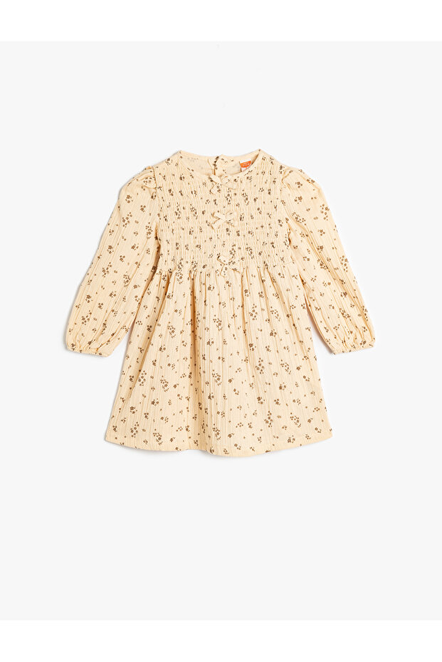 Muslin Dress with Bow Detail, Long Sleeves, Crew Neck, Elastic Cuffs, Cotton