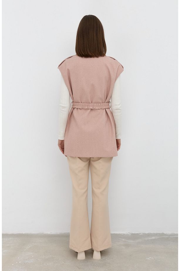 Kemerli Kaşe Oversize Pudra Midi Yelek - 5