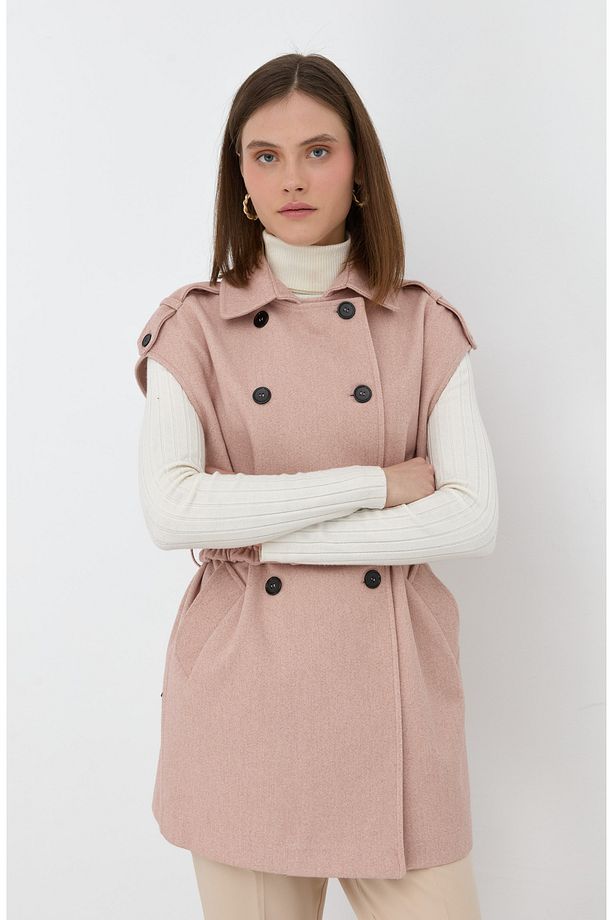 Kemerli Kaşe Oversize Pudra Midi Yelek - 7