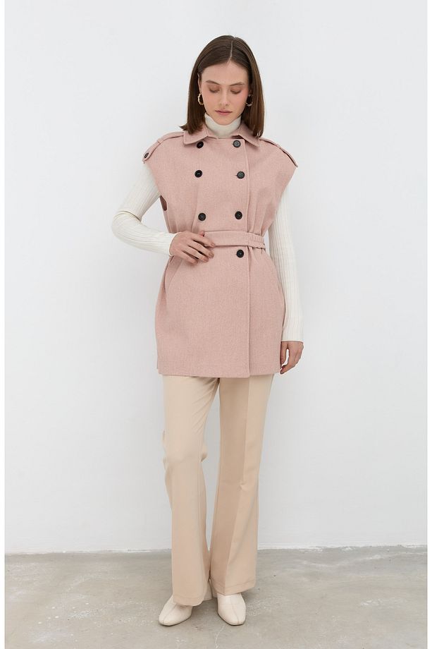 Kemerli Kaşe Oversize Pudra Midi Yelek - 2