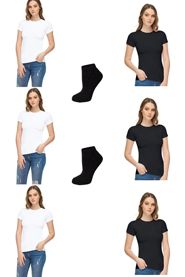 6-Pack Crew Neck Elastane Short Sleeve Athlete/Badi with 2 Pairs of Bamboo Booties Socks Gift