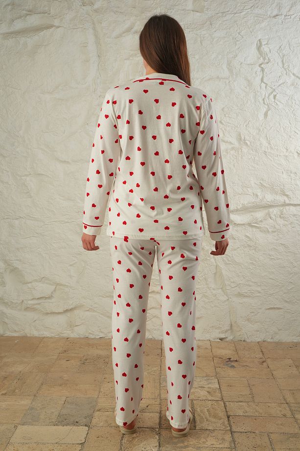 Kalp Desenli Metraj Baskılı %100 Pamuk Ön Pat Düğmeli Örme Kadın  Pijama takımı - 6