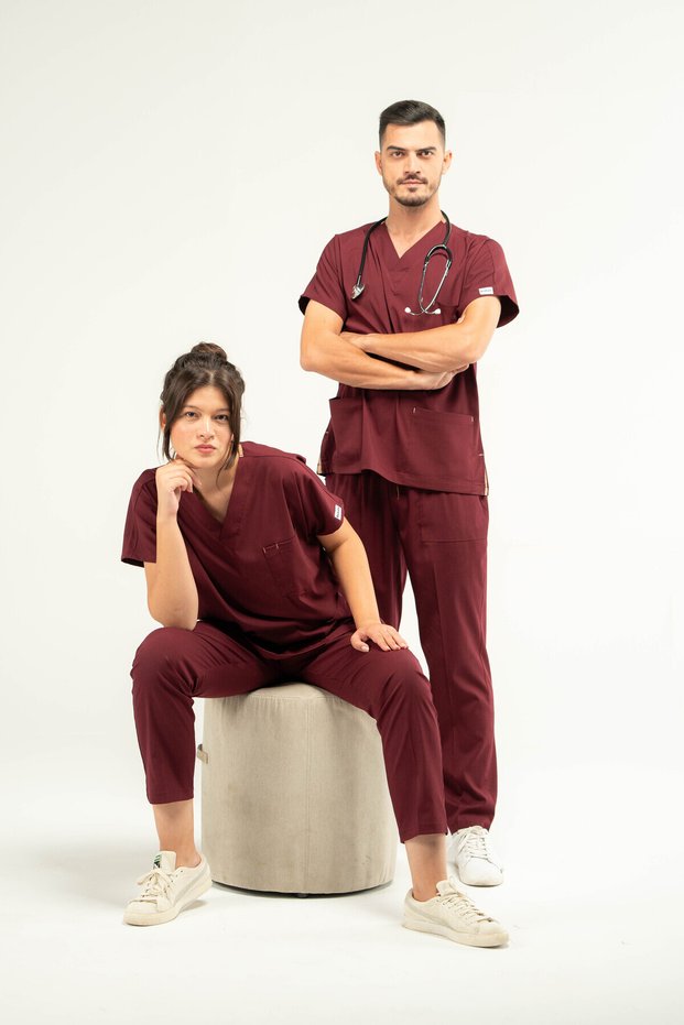 Core Flex Luxury Lycra Unisex Medical Burgundy Top and Bottom Set Doctor Nurse Uniform Scrubs