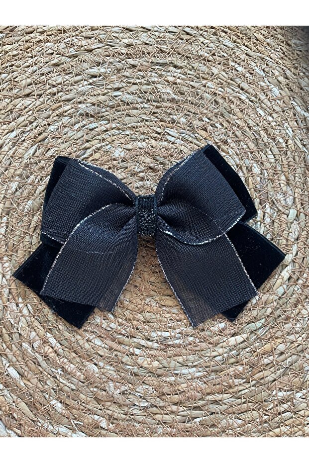 Automatic Buckle. Double Bow, Black Velvet and Glittery Black Linen Ribbon.