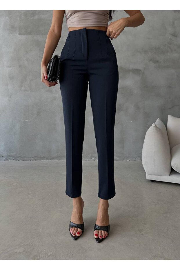 Women's Navy Blue High Waist Collared Carrot Model Fabric Trousers