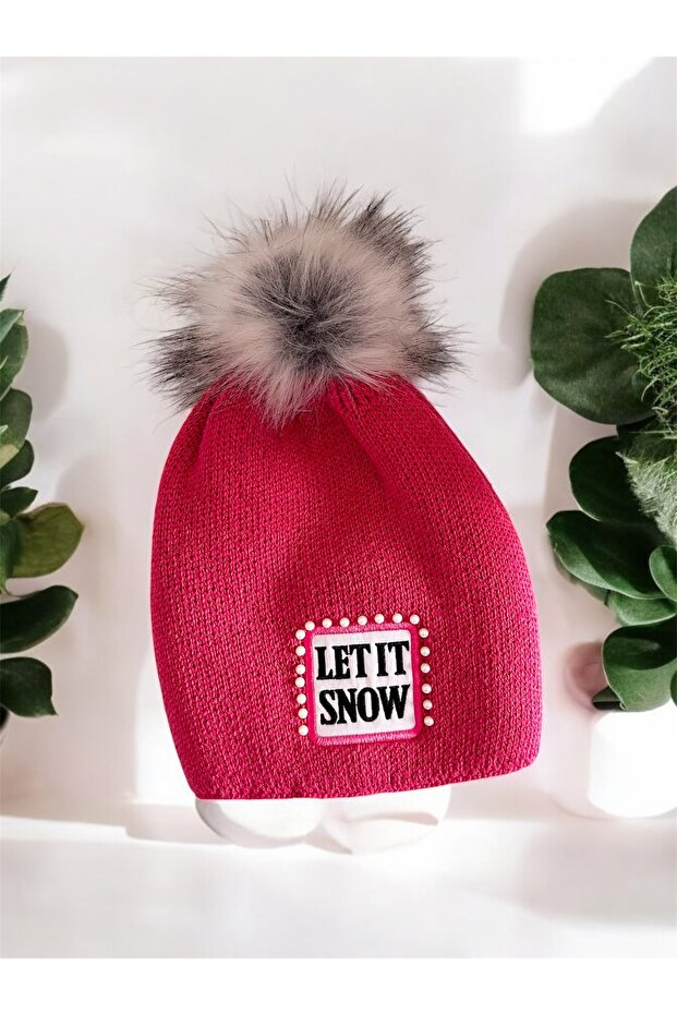 Women's Beanie with Fur Pompom and Pearl Stones