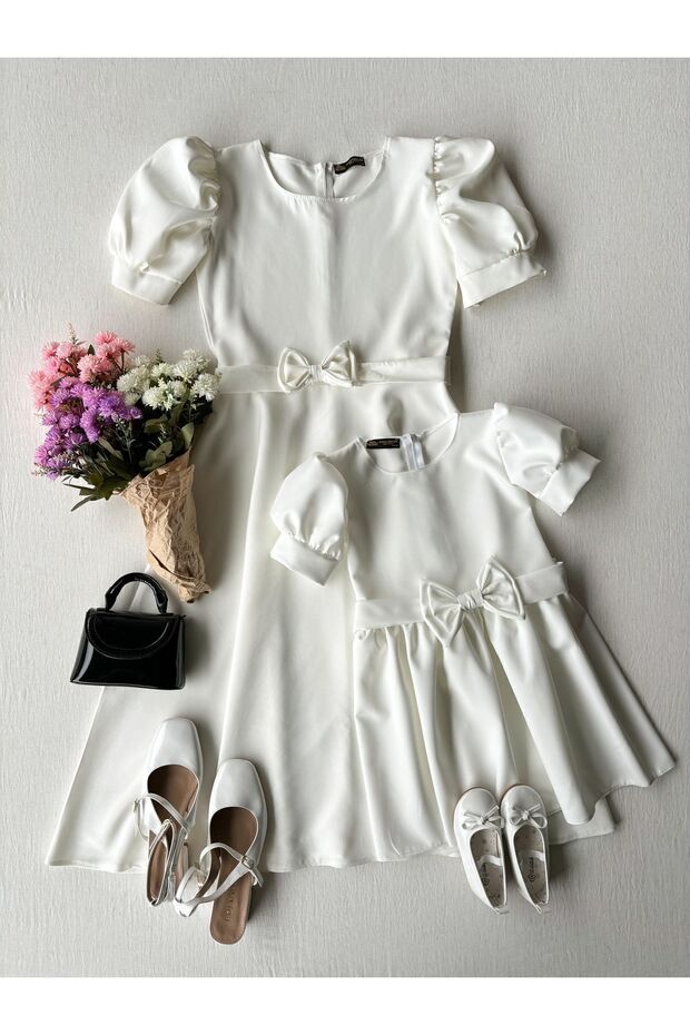 White Watermelon Sleeve Crepe Midi Size Flared Mother-Daughter Combination (SOLD SINGLE)
