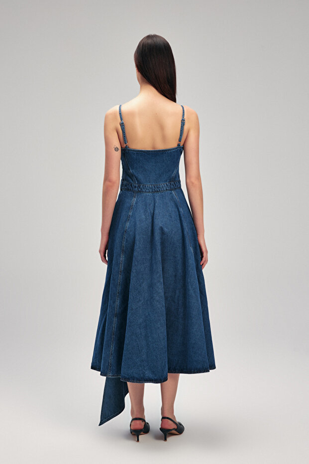 Volanlı Denim Elbise - 8
