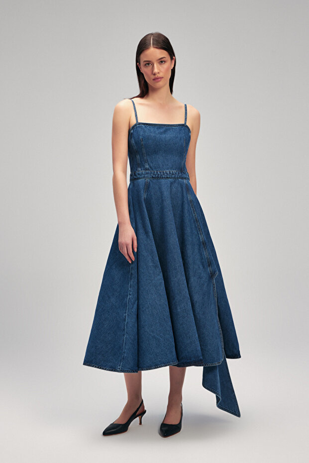 Volanlı Denim Elbise - 1