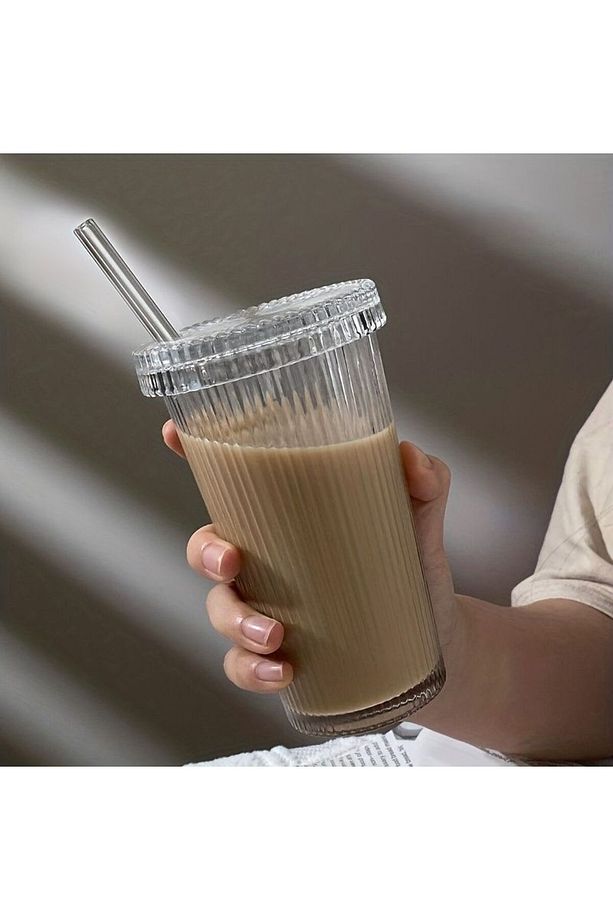 Cam Kapaklı Pipetli Cam Sunum Bardağı, Isıya Dayanıklı Bardak, Kahve Bardağı (400 ML) Latte - 7