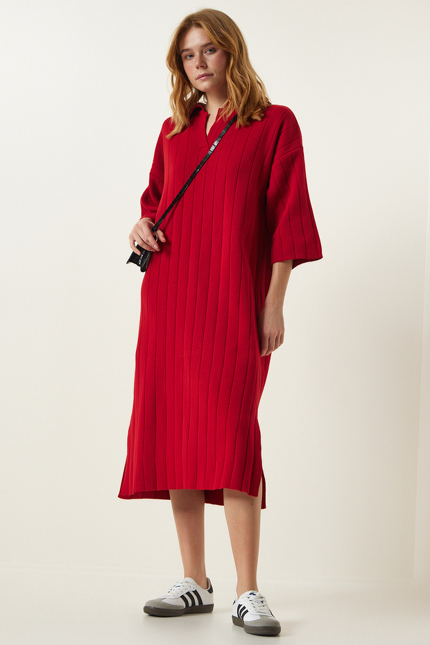Polo Collar Oversize Knitwear Dress Red Lyy0073