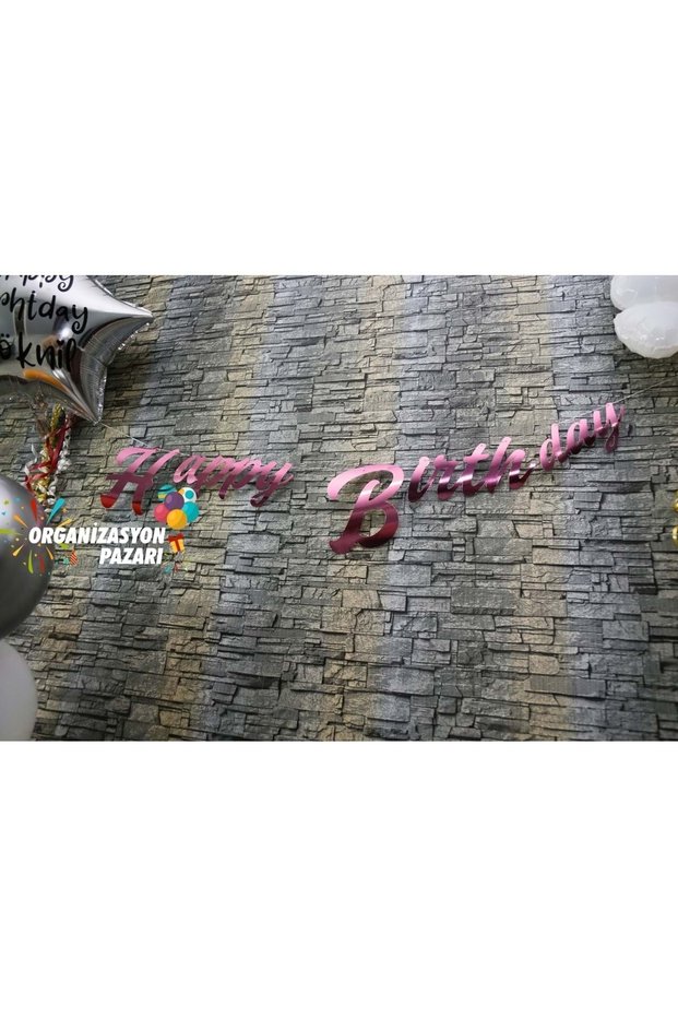 Pink Colored Metallic Happy Birthday Handwritten Banner