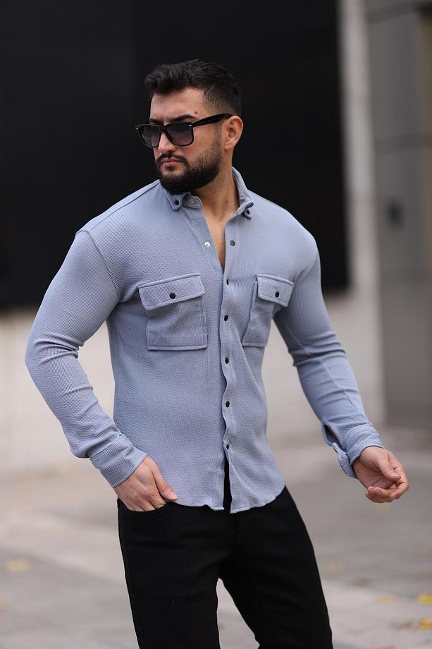 Erkek Gri Slim Fit Çift Cep Detaylı Örme Gömlek - 2