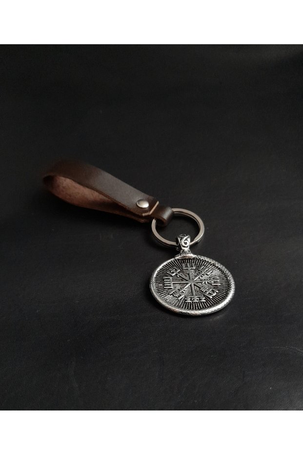 Brown Genuine Leather Keychain with Scandinavian Double-Sided Compass and Valknut Figures