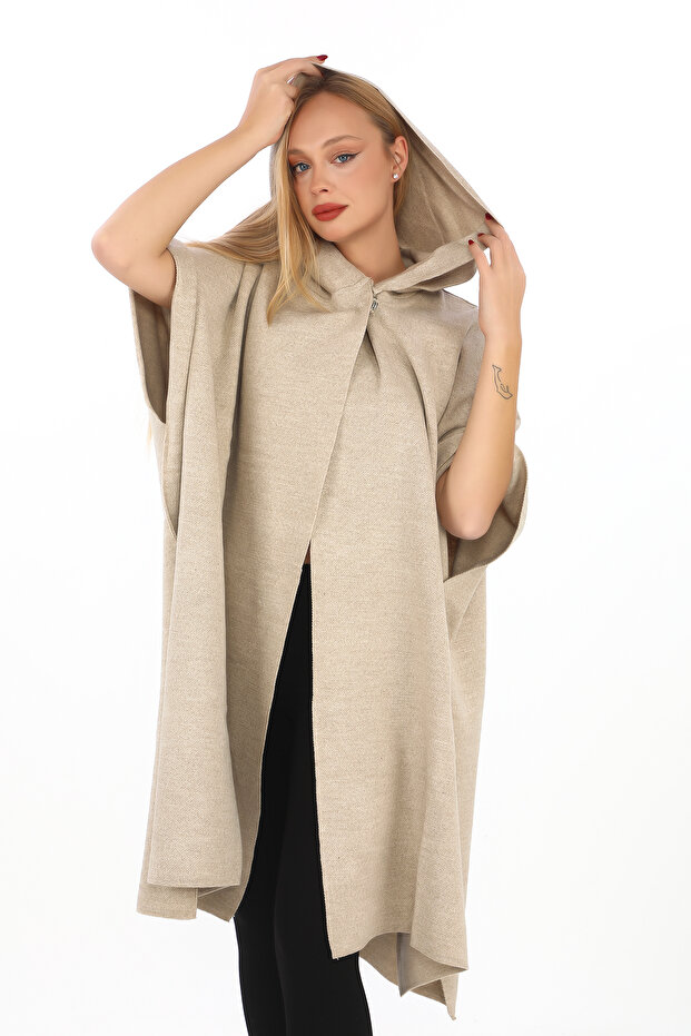 triko kapşonlu panço - 1