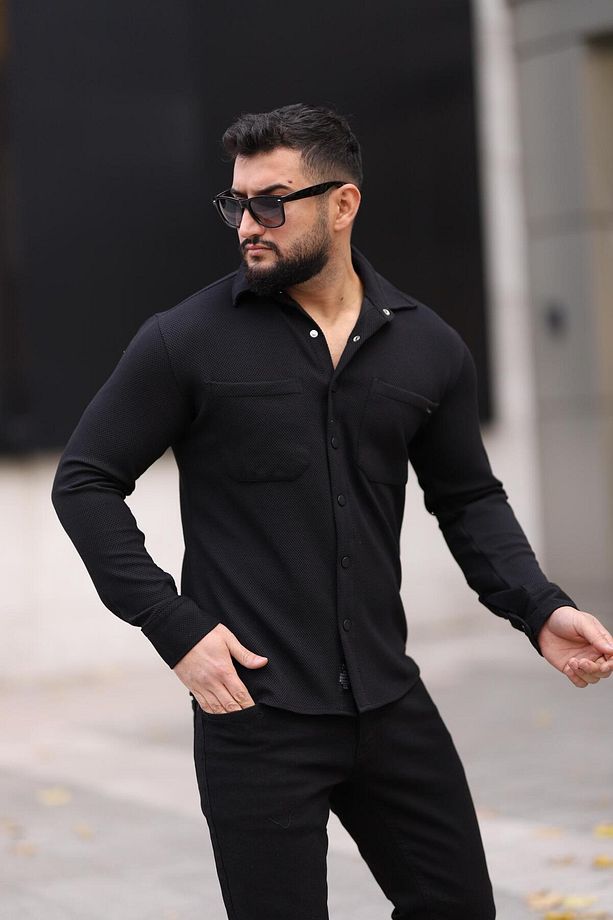 Erkek Siyah Slim Fit Çift Cep Detaylı Örme Gömlek - 1