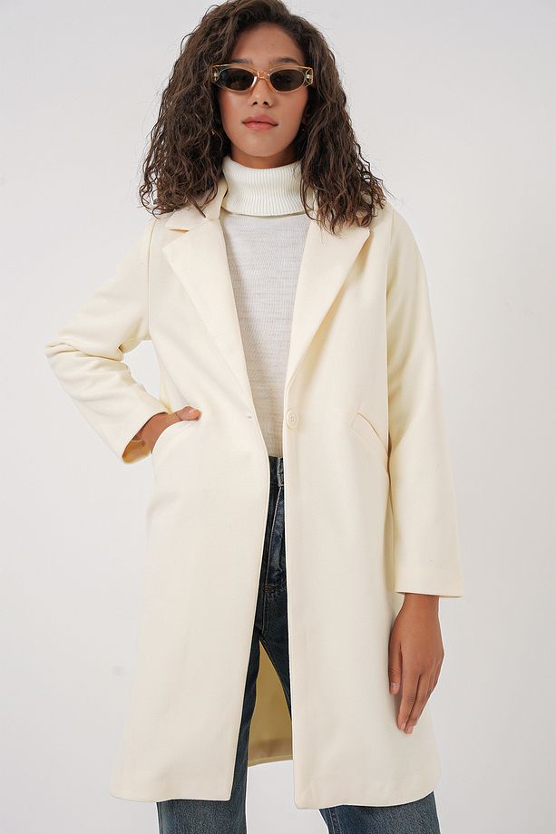 9085 Kaşe Kaban - Krem - 4