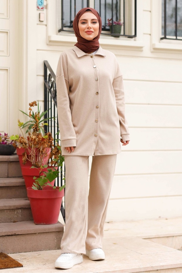 Aktel Shirt Pants Knitwear Double Set 1291 - Stone