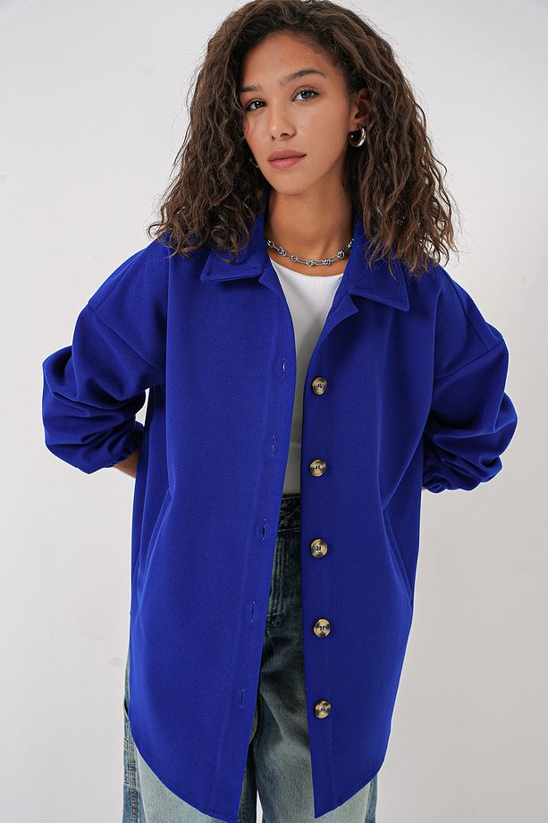 0674 Cepli Oversize Gömlek - Saks - 4