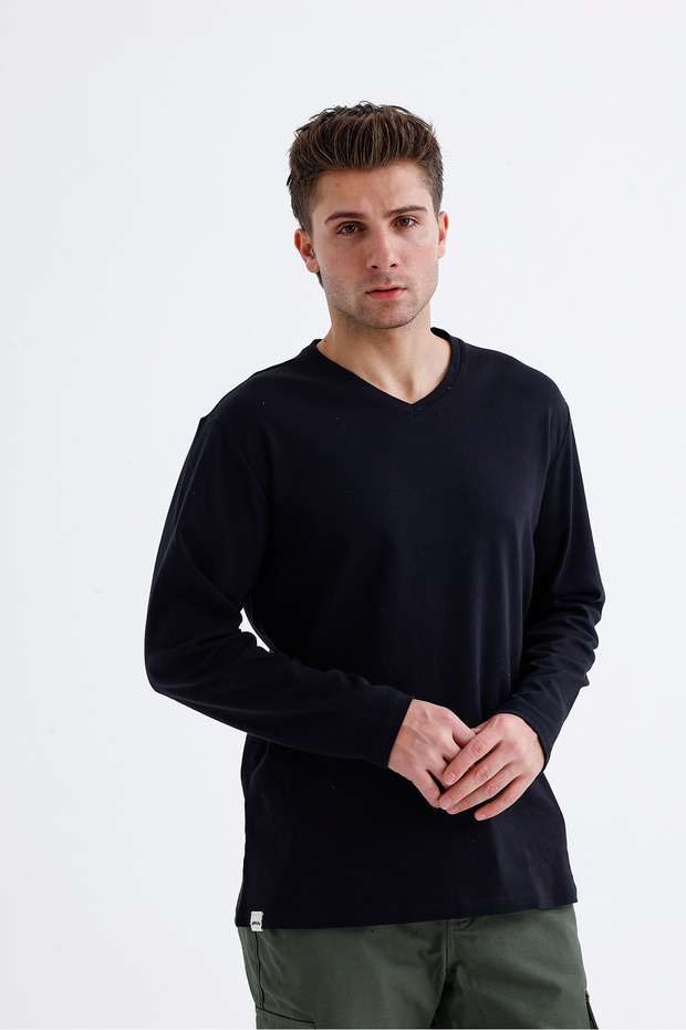 V Yaka Basic Uzun Kol T-Shirt - 4
