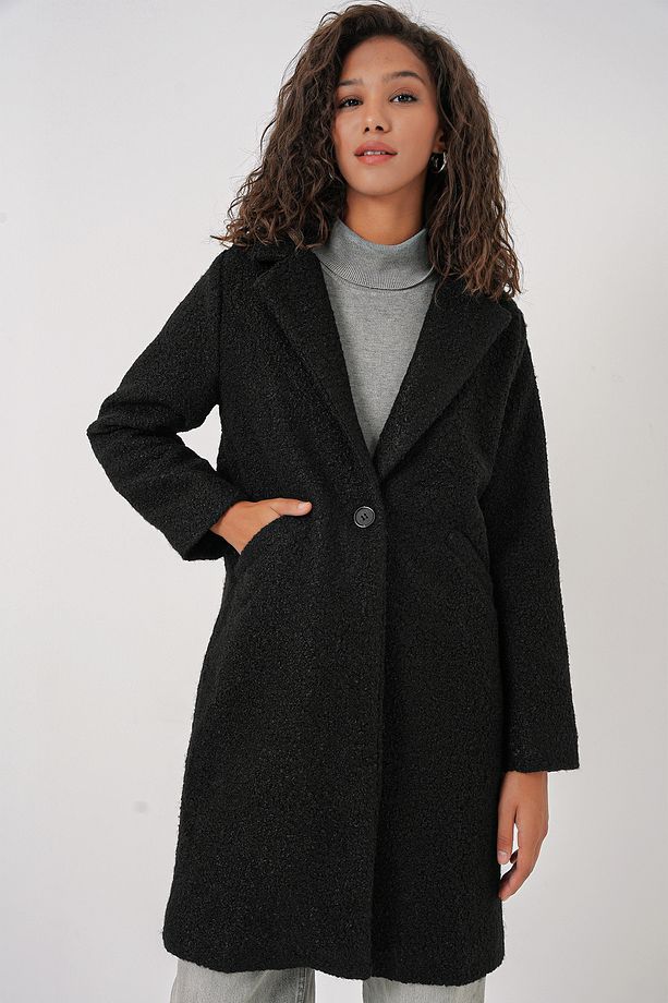 9082 Oversize Kaşe Kaban - Siyah - 5