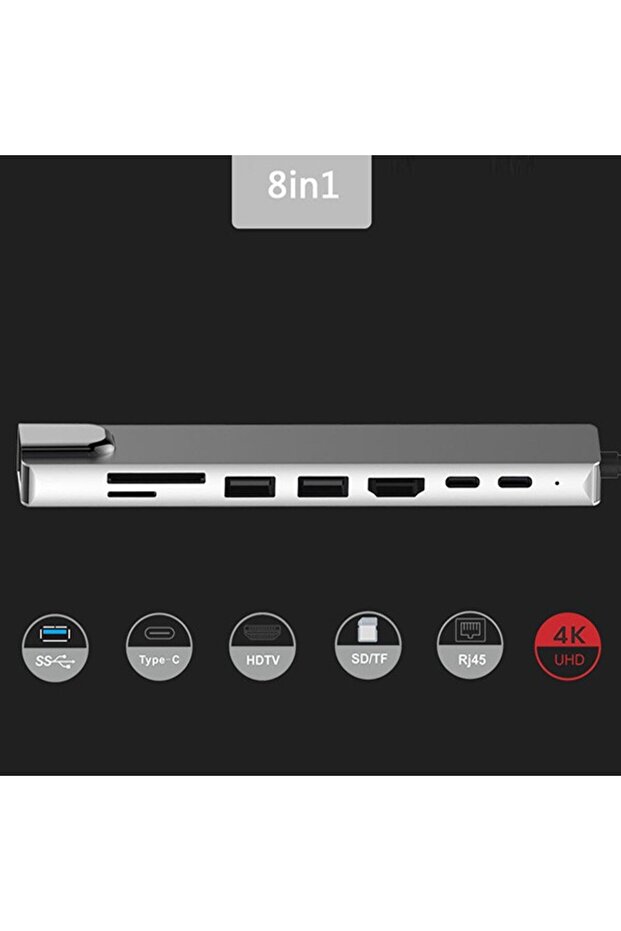 8 Port Usb 8in1 3.0 Type-C Hdmi 3XUSB+2 PD) RJ45 Hub Adaptör Çoklayıcı TF SD Kart GRI - 4