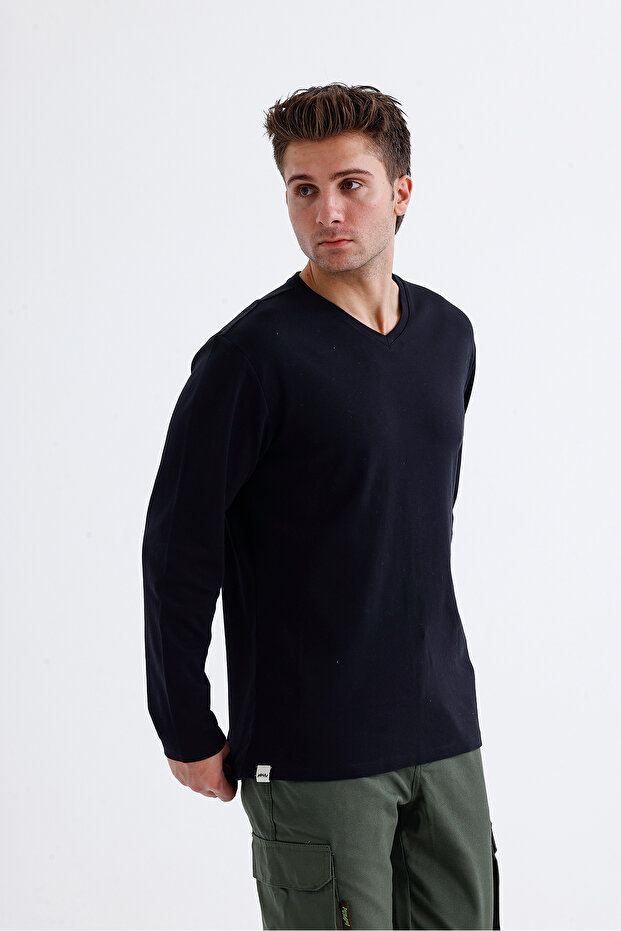 V Yaka Basic Uzun Kol T-Shirt - 3