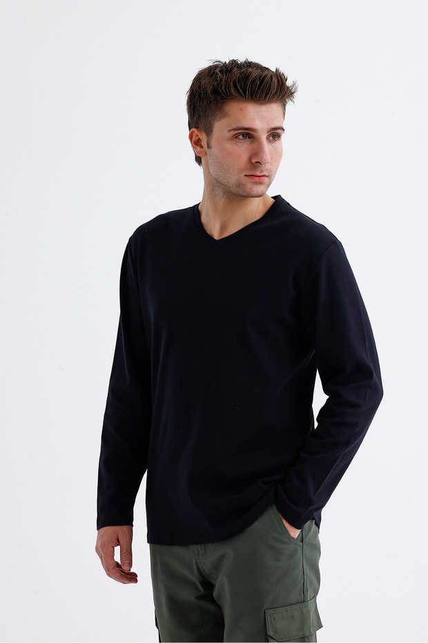 V Yaka Basic Uzun Kol T-Shirt - 2