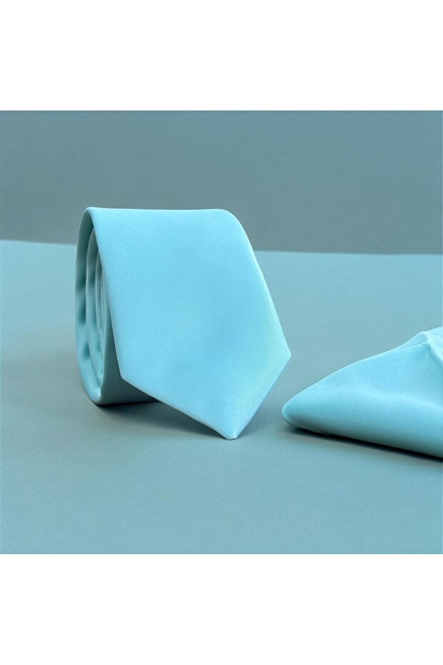 Water Green Satin Thin Tie - Handmade with Handkerchief