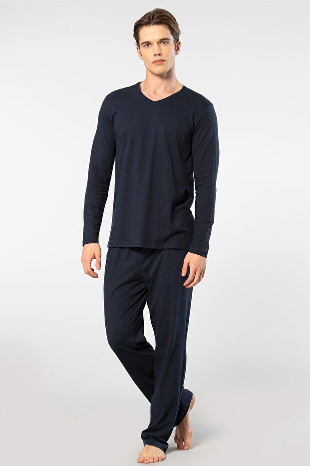 Men's V-Neck Longsleeve Pajama Suit, 50% Modal, 50% Cotton Bottom Sleepwear Is Pocket