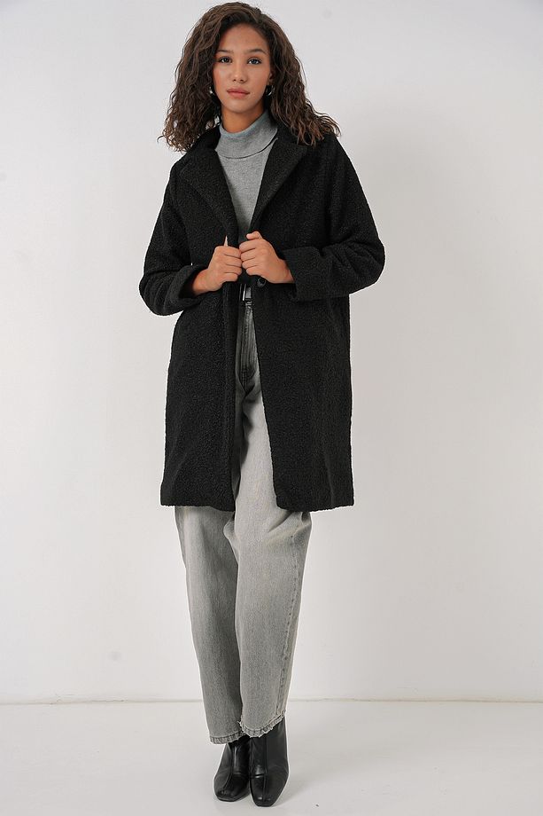 9082 Oversize Kaşe Kaban - Siyah - 3