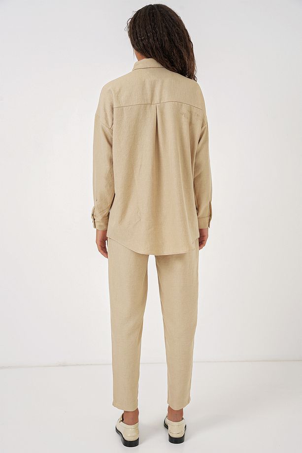 Kadın Bej Oversize Keten Alt Üst Takım 6622 - 5