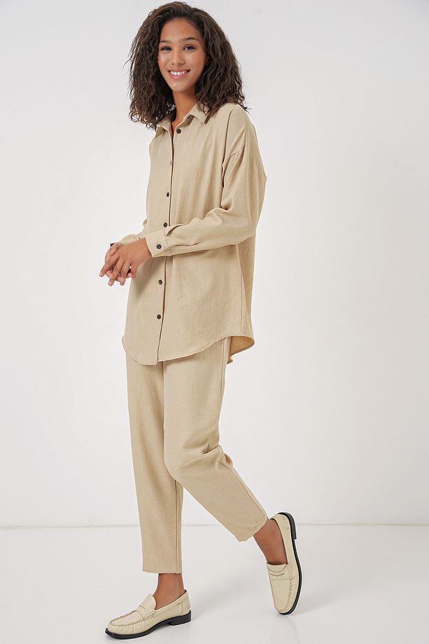 Kadın Bej Oversize Keten Alt Üst Takım 6622 - 3