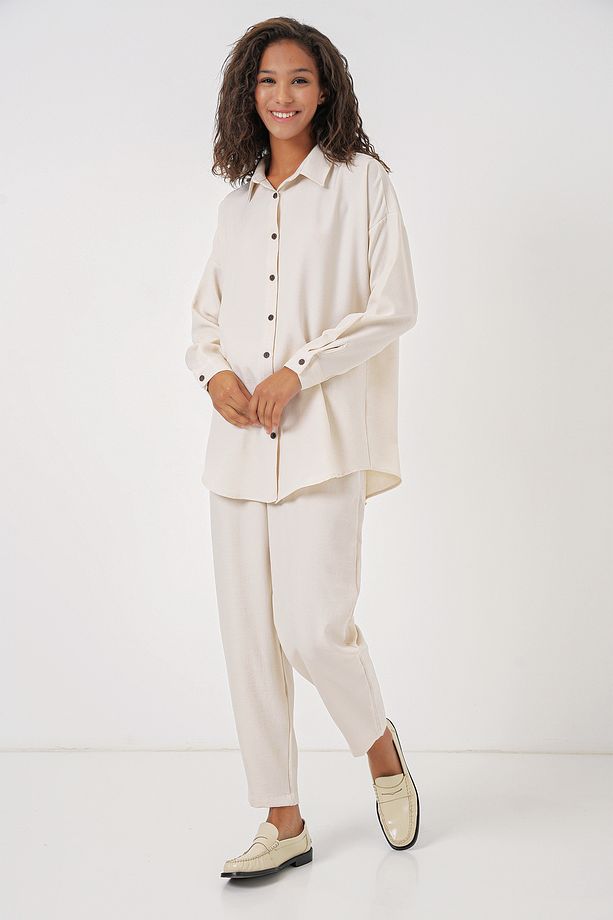 Kadın Ekru Oversize Keten Alt Üst Takım 6622 - 1