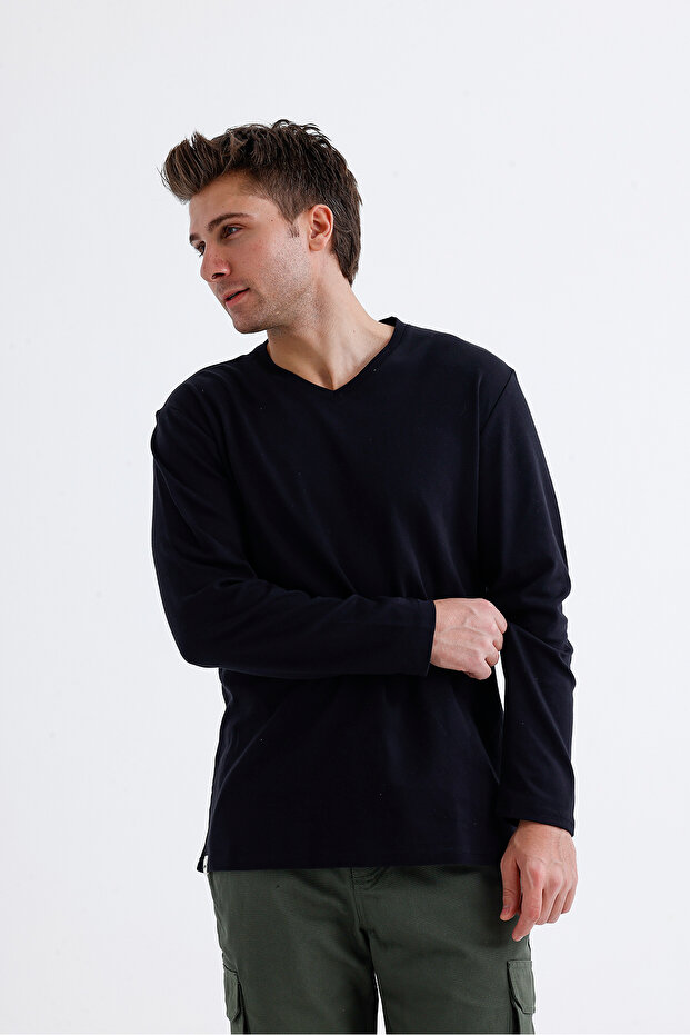 V Yaka Basic Uzun Kol T-Shirt - 6