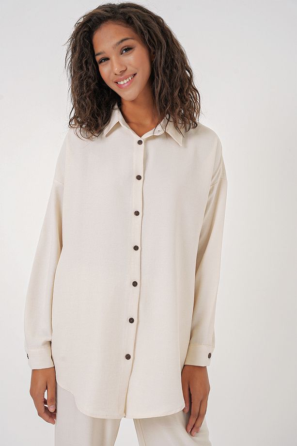 Kadın Ekru Oversize Keten Alt Üst Takım 6622 - 2