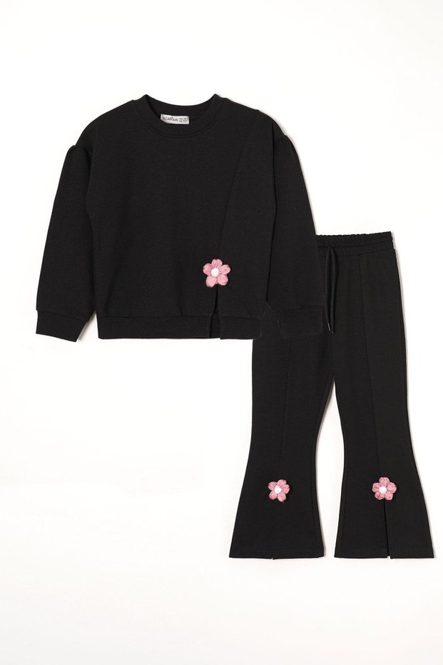 Crew Neck Long Sleeve on Slit Daisy Detailed Long Sleeve Black Pink Color Girl's Tracksuit Jewelry
