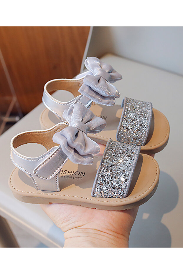 Bow Accent & Glitter Embellished Hook & Loop Closure Sandals - Silver - 5