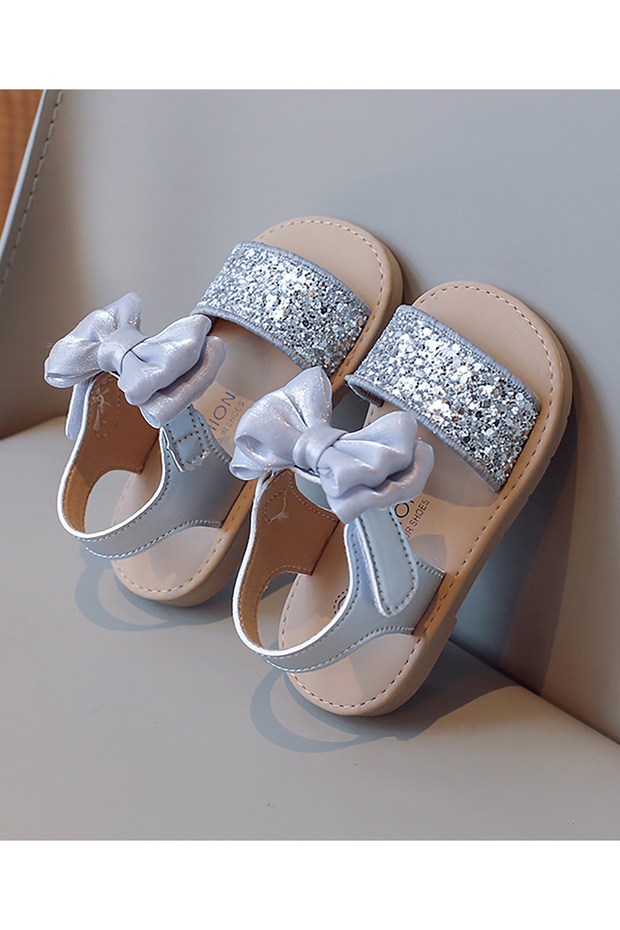 Bow Accent & Glitter Embellished Hook & Loop Closure Sandals - Silver - 3