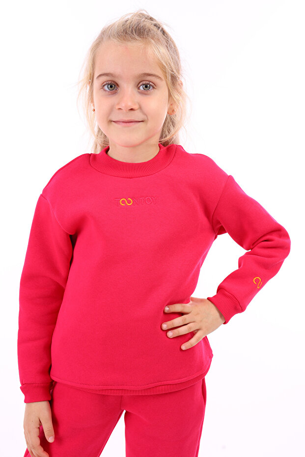 Girls' Relax Fit Crew Neck Lightweight Drop Shoulder Embroidery Printed Sweatshirt - 3 Thread Riser